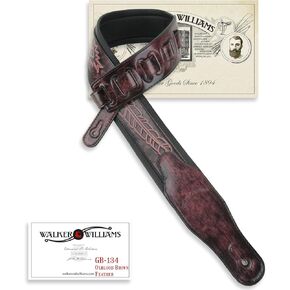 Walker & Williams GB-134 Oxblood Brown Native American Feather Padded Guitar Strap For Acoustic, Electric, And Bass Guitars