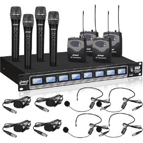 PyleUsa 8 Ch UHF Wireless Microphone System & Rack Mountable Base 4 Handheld MICS 4 Headsets, 4 Belt Packs, 4 Lavelier/Lapel MIC with Independent Volume Controls AF & RF Signal Indicators - PDWM8350