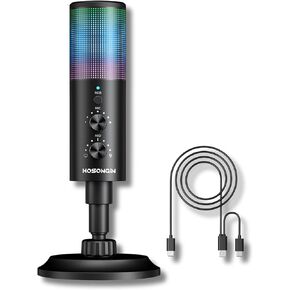 HOSONGIN USB Microphone for PC,Cardioid Condenser Mic with Adjustable RGB Modes and Brightness,Gaming Mic with Noise Cancellation, Mute Button, Gain Knob for Streaming, Podcasting, Recording