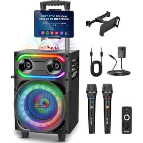Karaoke Machine for Adults Portable Karaoke Singing Speaker with 2 Wireless Microphones, Disco Ball, Rolling Wheels and Trolley, LED Light Supports TWS/REC/USB/TF/AUX for Home Party