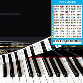 Removable Piano Keyboard Note Labels with Piano Chord Chart Poster, Reusable Piano Notes Guide for Beginner,88 Key Full Size Silicone Piano Keyboard Stickers