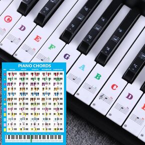 Removable Piano Keyboard Note Labels with Piano Chord Chart Poster, Reusable Piano Notes Guide for Beginner,88 Key Full Size Silicone Piano Keyboard Stickers