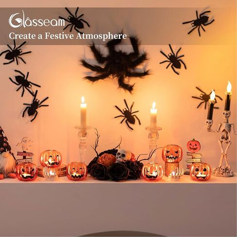 حاملات شموع الهالوين من Glasseam للطاولة: حاملات شموع زجاجية نذرية مجموعة من 6 حامل شموع على شكل قرع العنبر مع حامل شموع خريف لطيف لتزيين قطعة عيد الشكر in Kuwait