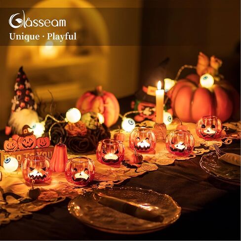 حاملات شموع الهالوين من Glasseam للطاولة: حاملات شموع زجاجية نذرية مجموعة من 6 حامل شموع على شكل قرع العنبر مع حامل شموع خريف لطيف لتزيين قطعة عيد الشكر in Kuwait
