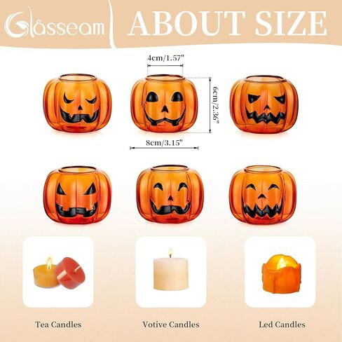 حاملات شموع الهالوين من Glasseam للطاولة: حاملات شموع زجاجية نذرية مجموعة من 6 حامل شموع على شكل قرع العنبر مع حامل شموع خريف لطيف لتزيين قطعة عيد الشكر in Kuwait