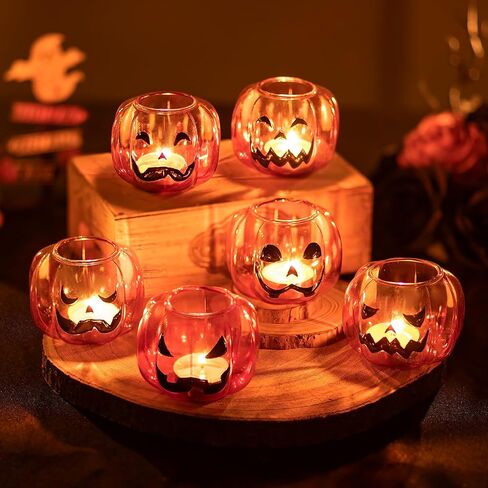 حاملات شموع الهالوين من Glasseam للطاولة: حاملات شموع زجاجية نذرية مجموعة من 6 حامل شموع على شكل قرع العنبر مع حامل شموع خريف لطيف لتزيين قطعة عيد الشكر in Kuwait