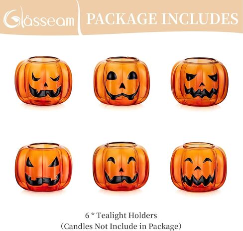 حاملات شموع الهالوين من Glasseam للطاولة: حاملات شموع زجاجية نذرية مجموعة من 6 حامل شموع على شكل قرع العنبر مع حامل شموع خريف لطيف لتزيين قطعة عيد الشكر in Kuwait