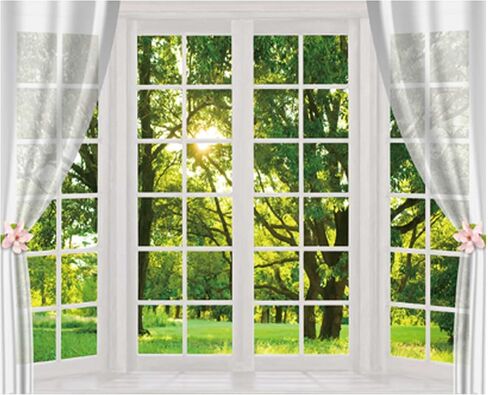 Allenjoy 10x8ft Spring Window Scenery Photography Fabric Backdrop White Windowsill Floral Green Forest Natural Photocall Background Party Banner Wall Decor Newborn Baby Kids Family Photo Booth Props in Saudi Arabia