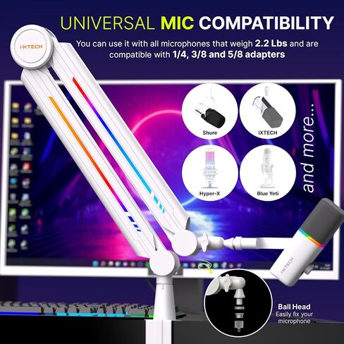 IXTECH RGB Mic Boom Arm High Profile, Overhead Boom Arm Microphone Stand Desk Mount, Adjustable Microphone Stand with Desk Mount, Mic Arm for Live Streaming Gaming Podcasting Recording (Black) in Kuwait