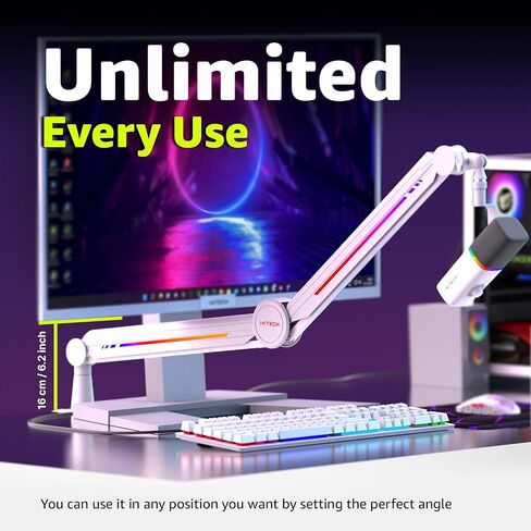 IXTECH RGB Mic Boom Arm High Profile, Overhead Boom Arm Microphone Stand Desk Mount, Adjustable Microphone Stand with Desk Mount, Mic Arm for Live Streaming Gaming Podcasting Recording (Black) in Kuwait