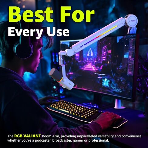 IXTECH RGB Mic Boom Arm High Profile, Overhead Boom Arm Microphone Stand Desk Mount, Adjustable Microphone Stand with Desk Mount, Mic Arm for Live Streaming Gaming Podcasting Recording (Black) in Kuwait