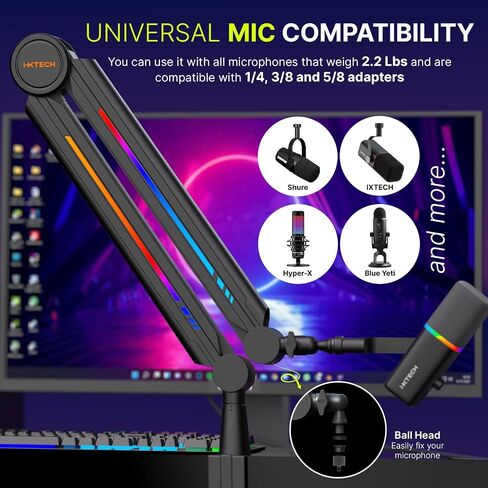 IXTECH RGB Mic Boom Arm High Profile, Overhead Boom Arm Microphone Stand Desk Mount, Adjustable Microphone Stand with Desk Mount, Mic Arm for Live Streaming Gaming Podcasting Recording (Black) in Kuwait