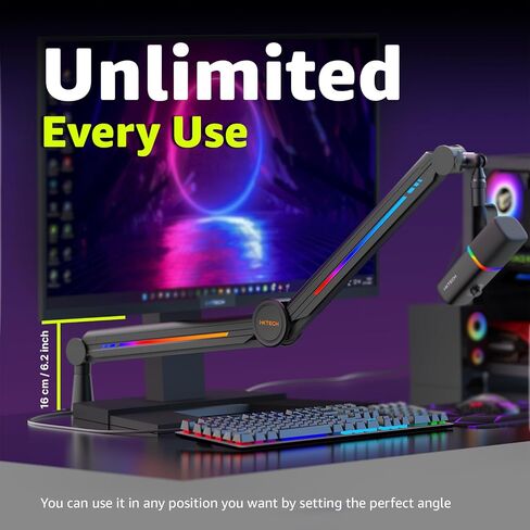 IXTECH RGB Mic Boom Arm High Profile, Overhead Boom Arm Microphone Stand Desk Mount, Adjustable Microphone Stand with Desk Mount, Mic Arm for Live Streaming Gaming Podcasting Recording (Black) in Kuwait