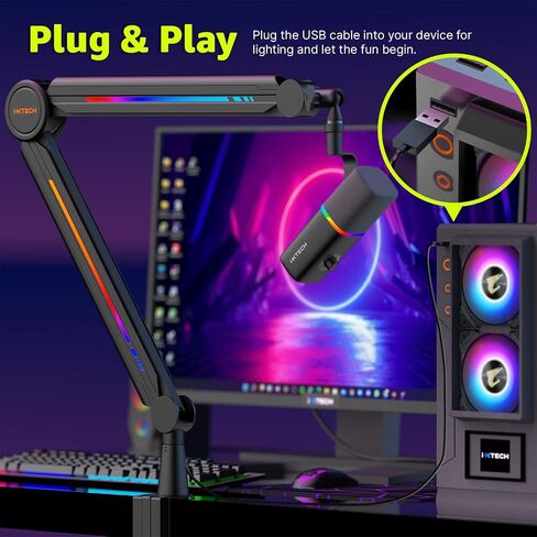 IXTECH RGB Mic Boom Arm High Profile, Overhead Boom Arm Microphone Stand Desk Mount, Adjustable Microphone Stand with Desk Mount, Mic Arm for Live Streaming Gaming Podcasting Recording (Black) in Kuwait