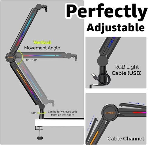 IXTECH RGB Mic Boom Arm High Profile, Overhead Boom Arm Microphone Stand Desk Mount, Adjustable Microphone Stand with Desk Mount, Mic Arm for Live Streaming Gaming Podcasting Recording (Black) in Kuwait