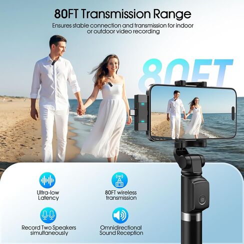 2 Pack Wireless Lavalier Microphone for iPhone iPad Android, Active Noise Reduction Mini Microphone with Charging Case 7H Clip On Microphones for Interview, Recording, Vlogging, Live Streaming,80ft 01 in Saudi Arabia