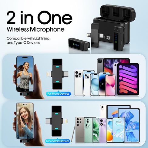 2 Pack Wireless Lavalier Microphone for iPhone iPad Android, Active Noise Reduction Mini Microphone with Charging Case 7H Clip On Microphones for Interview, Recording, Vlogging, Live Streaming,80ft 01 in Saudi Arabia