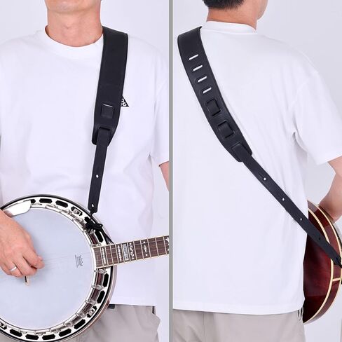 Nefelibata Banjo Strap,2.5" Wide Double Layer Full-Grain Leather Guitar Strap Double Head Detachable and Adjustable Replacement With Headstock Rope(Mysterious Black Leather) in Kuwait