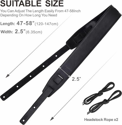Nefelibata Banjo Strap,2.5" Wide Double Layer Full-Grain Leather Guitar Strap Double Head Detachable and Adjustable Replacement With Headstock Rope(Mysterious Black Leather) in Kuwait