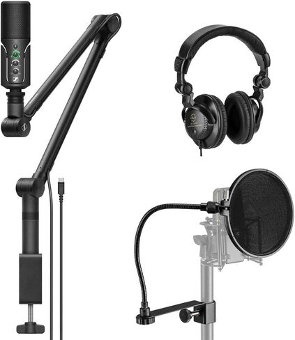 مجموعة تدفق ميكروفون Sennheiser Profile Cardioid Condenser USB-C مع مرشح H&A Pop مع معقوفة ومقبض قابل للتعديل (مشبك)، سماعات رأس مغلقة من الخلف TAPH100 in Kuwait