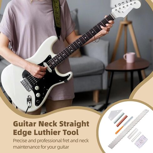 8 PCS Guitar Neck Straight Edge Kit, Guitar Neck Notched Straight Edge Luthier Tool, Fret Rocker, Fret File, Fingerboard Guards, String Action Ruler, Grindstones, Maintenance Kit for E-Guitar Bass in Saudi Arabia