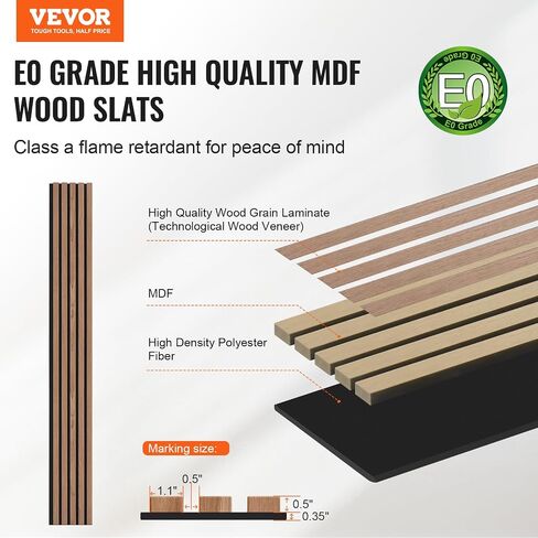 VEVOR Wood Slat Acoustic Panels, 7.9 x 94.5 in, 4-Piece MDF Accent Wooden Wall Panels, Faux Wood Wall Board Panels for Modern Interior Decor and Noise Reduction, Walnut in Saudi Arabia