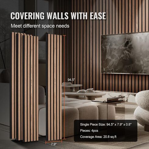 VEVOR Wood Slat Acoustic Panels, 7.9 x 94.5 in, 4-Piece MDF Accent Wooden Wall Panels, Faux Wood Wall Board Panels for Modern Interior Decor and Noise Reduction, Walnut in Saudi Arabia
