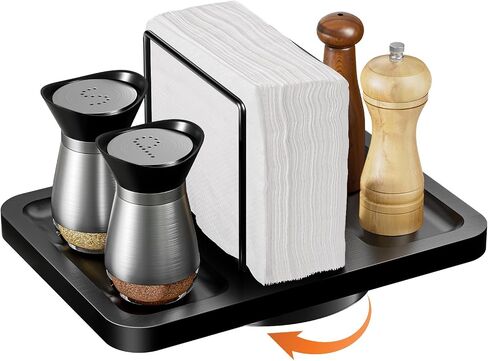 Napkin Holder for Table, Rotating Metal Standing Napkin Dispenser with Salt and Pepper Shakers Caddy Standing Paper Napkin Storage for Kitchen Dining Table Decor in Saudi Arabia