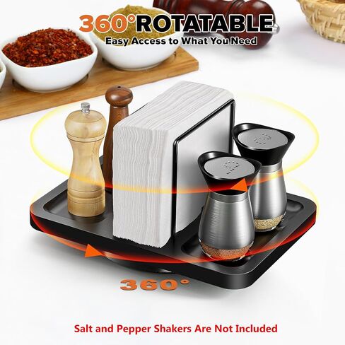 Napkin Holder for Table, Rotating Metal Standing Napkin Dispenser with Salt and Pepper Shakers Caddy Standing Paper Napkin Storage for Kitchen Dining Table Decor in Saudi Arabia
