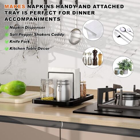 Napkin Holder for Table, Rotating Metal Standing Napkin Dispenser with Salt and Pepper Shakers Caddy Standing Paper Napkin Storage for Kitchen Dining Table Decor in Saudi Arabia