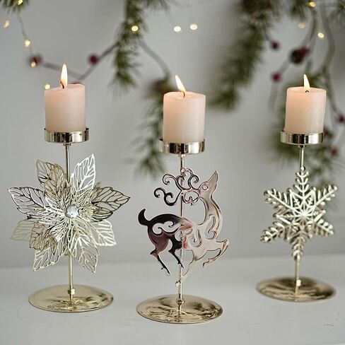 Candle Holders Christmas Decor: Gold Christmas Flower Candlestick for Taper Table Centerpiece Festive Ornaments Mantel Home, Set of 2 in Saudi Arabia