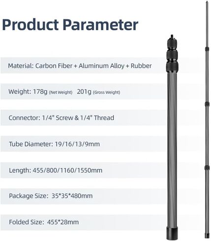 Andoer Handheld Microphone Boom Arm 4-Section Extendable Mic Arm Carbon Fiber Boom Pole for Microphones 1/4 Inch Screw & Thread with Foam Grip Twist Locks Max. Length 155cm/61in in Saudi Arabia