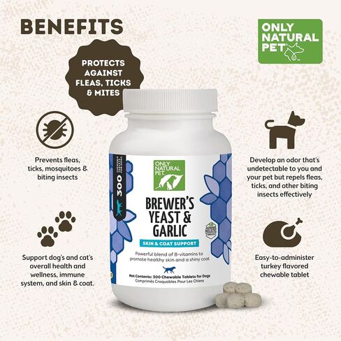 Only Natural Pet Brewer's Yeast & Garlic Chewables - All-Natural Flea & Tick Prevention for Dogs - Fortified with B Vitamins - Promotes Healthy Skin & Coat - 300 Count Tablet (Single) in Saudi Arabia