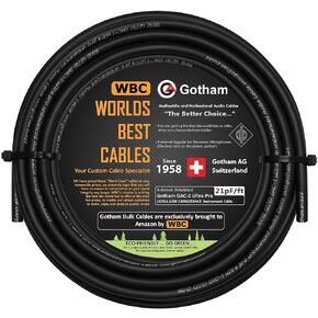 WORLDS BEST CABLES Gotham GAC-1 Ultra Pro (Black) - Premium, Low-Capacitance (21 pf/F) Guitar Bass Instrument Cable – Bulk – Sold in 15 Foot Length