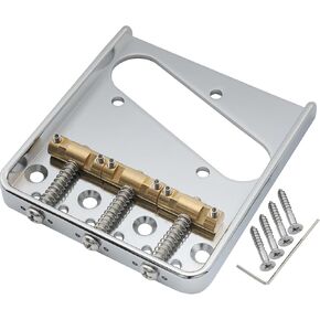 Musiclily Ultra 54mm(2-1/8 inch) Full Solid Aluminum Plate Vintage Tele Bridge with Brass Compensated 3-Saddle for Telecaster Style Electric Guitar, Chrome