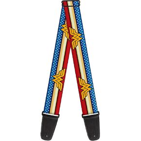Buckle-Down DC Comics Guitar Strap, Wonder Woman Logo Stripe Stars Red Gold Blue White, 2 Inches Wide