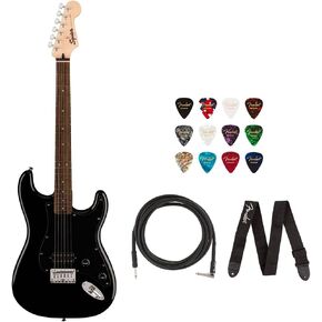 Squire Sonic Stratocaster HT H Electric Guitar, Black, Laurel Fingerboard, Black Pickguard Bundle with Fender Logo Guitar Strap Black, Fender 12-Pack Celluloid Picks, and Gator Guitar Stand