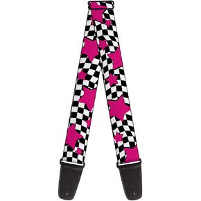 Buckle-Down GS-W30329 Guitar Strap - Checker & Stars, 2" Wide & 29-54" Length, Black/White/Pink