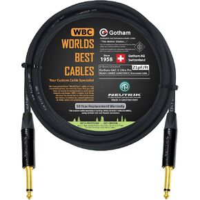 15 Foot - Gotham GAC-1 Ultra Pro - Premium Low-Cap (21 pf/F) Guitar Bass Instrument Cable – w/Neutrik Gold Straight to Straight ¼ inch (6.35mm) TS Connectors - Custom Made by WORLDS BEST CABLES