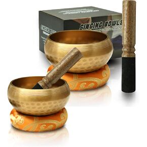 Set of 2 Singing Bowls 4" Set | Meditation Sound Bowl Wood Brass Handcrafted for Yoga, Chakra Healing, Mindfulness, Unique Spiritual Gifts for Women and Men