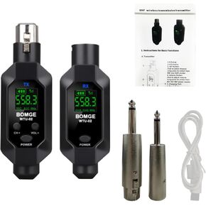 BOMGE Wireless XLR Transmitter and Receiver, UHF XLR Adapter System for Dynamic Microphone Guitar, 48k Sampling Frequency, USB Recharge Capable,100 Feet Range (1 x Receiver+1 x transmitter)