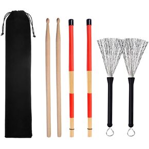 Alnicov Drum Sticks Set，1 Pair 5A Wood Drum Sticks，1Pair Rods Drum Brushes，1Pair Retractable Drum Stick Brush with Portable Storage Bag，for Jazz Music Lover Gift