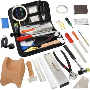 Guitar Luthier Fret Repairing Maintenance Setup Tool Kit with Guitar Neck Rest Fret Puller Chip Stopper Leveling Beam Slot Cleaning Saw Files Hammer Rocker String Action Ruler Gauge Spreaders