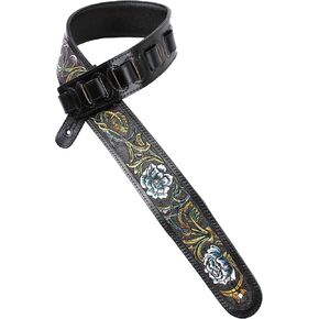 Walker And Williams LHR-13 Handmade Black Premium Carved Leather Guitar Strap With Prussian Blue And White Western Floral Carving For Acoustic, Electric, And Bass Guitars