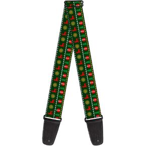 Buckle-Down Guitar Strap Christmas Sweater Stitch Green White Gold Red 2 Inches Wide