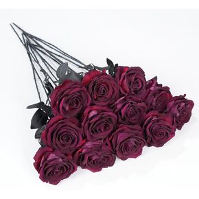 12 Pcs Black Roses Artificial Flowers with Long Stem, Faux Silk Rose Bouquet Realistic Lifelike Fake Floral Bundles for Halloween Valentine's Day Wedding Party Table Centerpiece Decor, Large