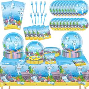 chiazllta 98 Pcs Pink Cartoon Axolotl Party Supplies Reptile Animals Party Tableware Set Girl Axolotl Party Decor Favors Party Disposable Plates Napkin Tablecloths for Axolotl Birthday Serves 24