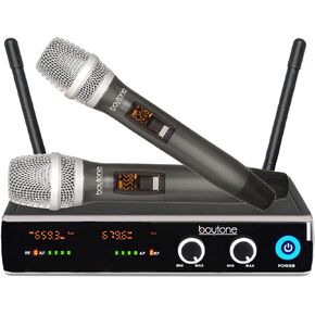 Boytone BT-102UM UHF Wireless Microphone System – Dual Fixed Frequency Channel, 2 Metal Handheld Dynamic Transmitter Mics, for Party, Church, Aluminum Carrying Cases, 110/220V