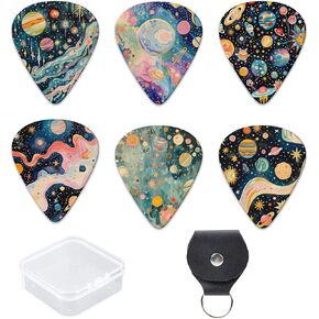 Guitar Picks 6-Pack Thin, Medium Heavy Plastic Picks Box and Leather Key Chain Pick Holder Artistic Pattern Best Memorial Gifts for Acoustic Guitar Lovers (Plant, 0.46mm)