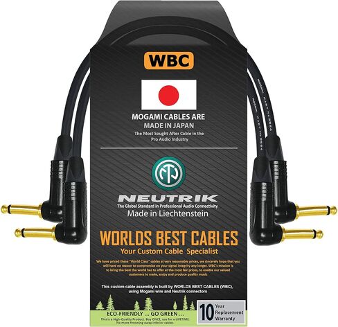 WORLDS BEST CABLES 2 Units - 10 Inch - Guitar Instrument Cable Custom Made Using Mogami 2524 Wire and Neutrik NP2RX-B ¼ Inch (6.35mm) Right Angled Gold TS Connectors in Saudi Arabia